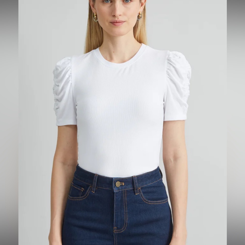 Elie Tahari Ribbed Elegant White Puff Sleeve Tee